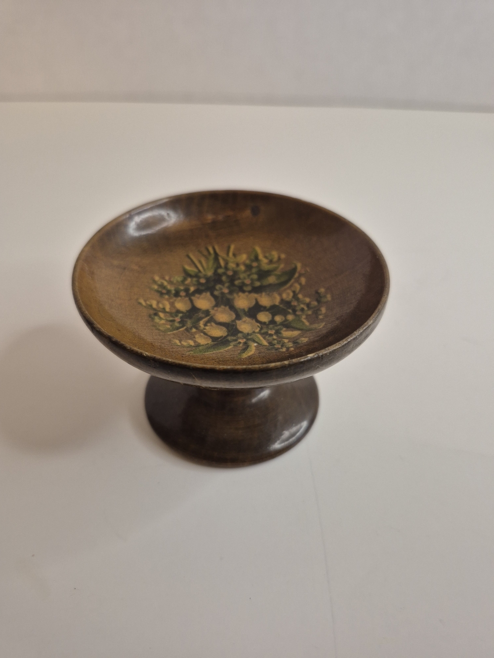 Vintage Handmade Miniature Wooden Pedestal Dish with Floral Motif